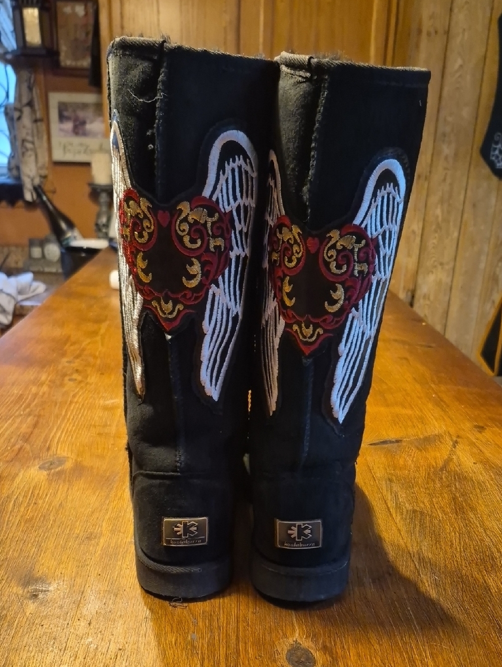 Koolaburra Black Suede Boots with Red Heart & White Wing Embroidery